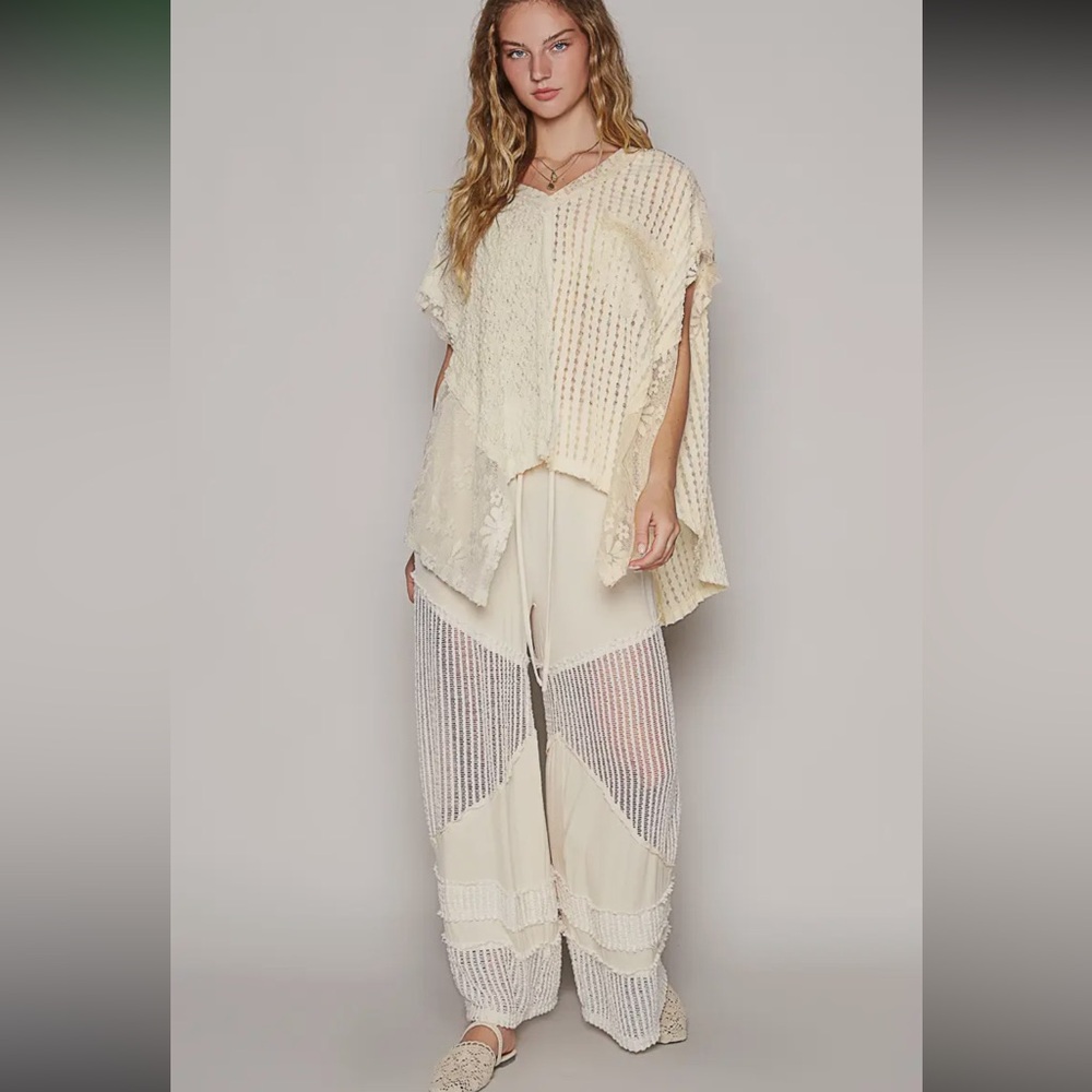 506. Contrast see through elastic waist knit culotte pants, Cream, Various Sizes